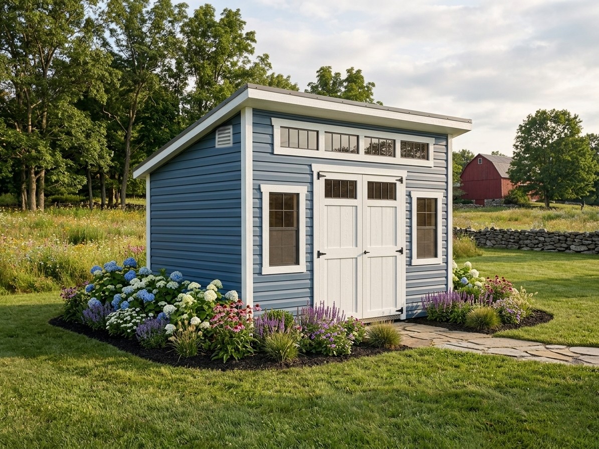studio shed with blue vinyl siding and dark metal roof