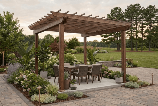 stained wood pergola on patio
