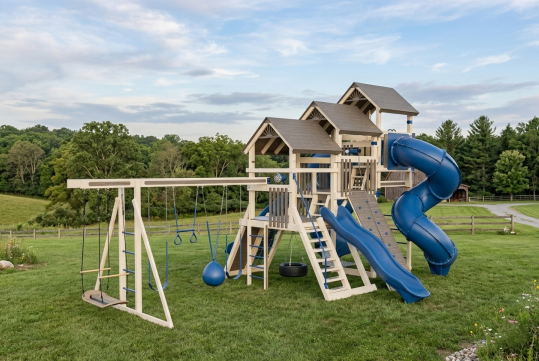 vinyl playset blue and almond installed in backyard