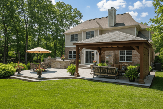 wood hip roof pavilion with lattice privacy wall