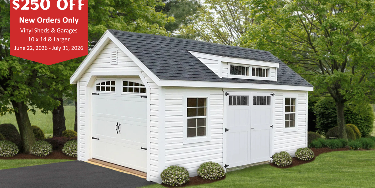 Order a new 10x14 and larger Vinyl Shed or Vinyl Garage and get $250 OFF! This discount does not apply to stock sheds or prior purchases. Expiration: July 31, 2026
