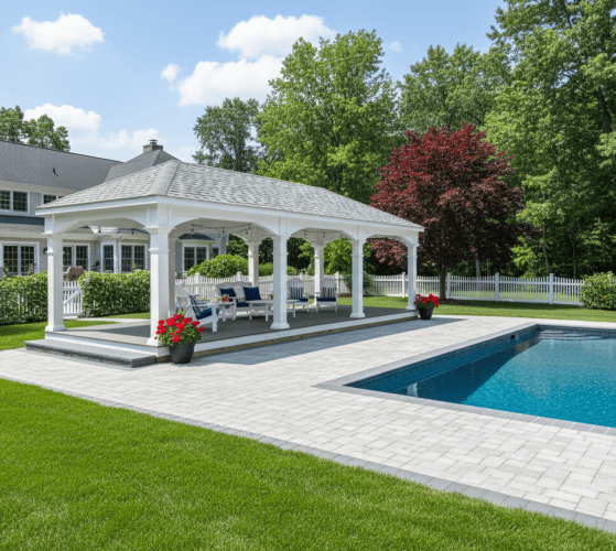 Custom Vinyl Hip Roof Pavilion with Trex Floor