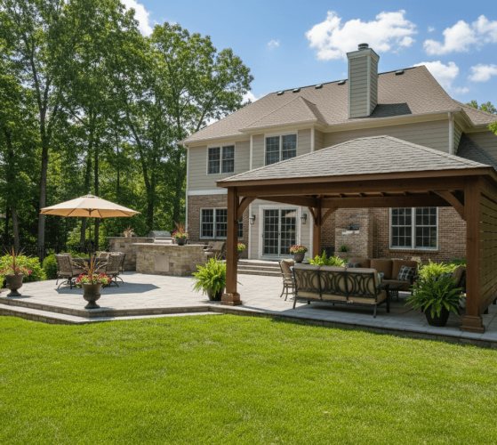 wood hip roof pavilion with lattice privacy wall
