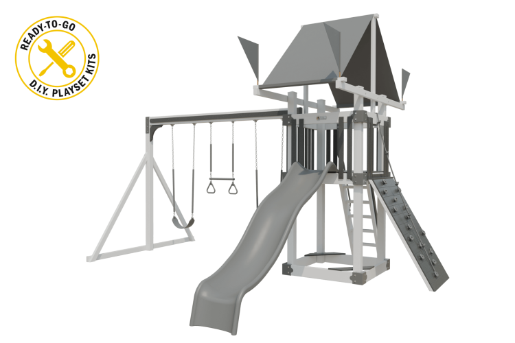 Basecamp 44 vinyl playset white and gray with 3 swings, 1 slide, a ladder, and a rock wall