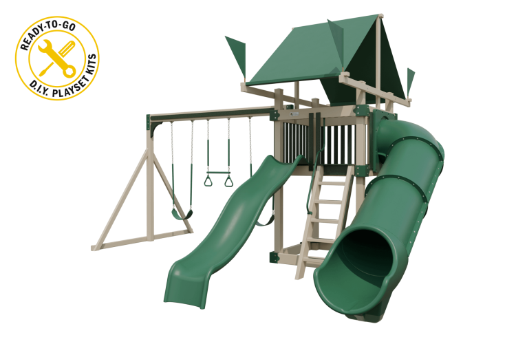 Basecamp 55 vinyl playset almond and green with 3 swings, 2 slides, and a ladder
