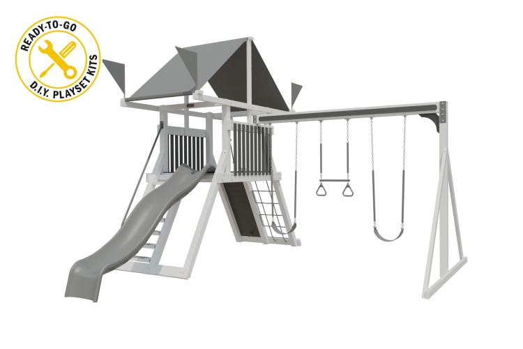 Climber 55 vinyl playset white and gray with 3 swings, 1 slide, and a ladder