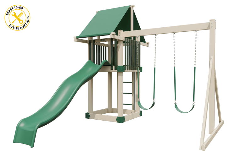 Moderate 44 vinyl playset almond and green with 2 swings, 1 slide, and a ladder
