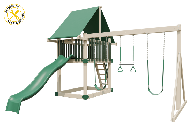 Moderate 75 vinyl playset almond and green with 3 swings, 1 slide, and a ladder