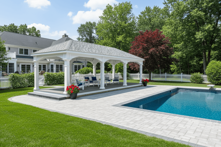 Custom Vinyl Hip Roof Pavilion with Trex Floor