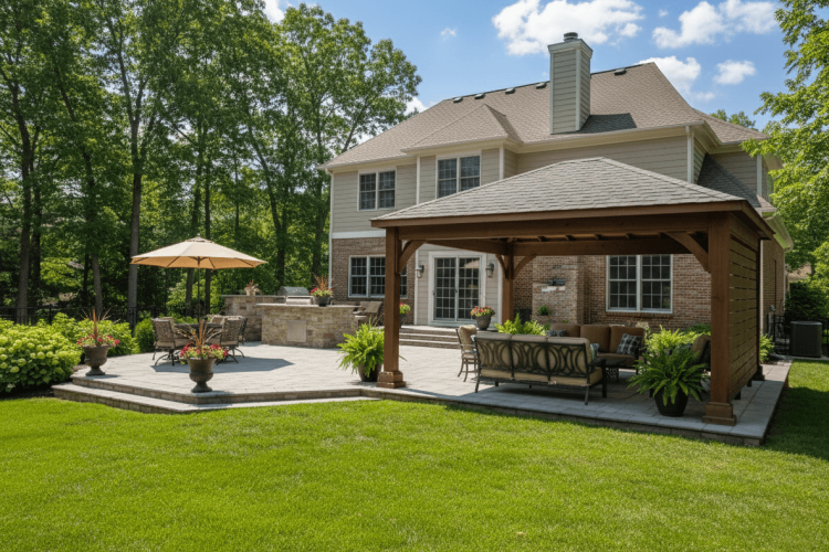wood hip roof pavilion with lattice privacy wall